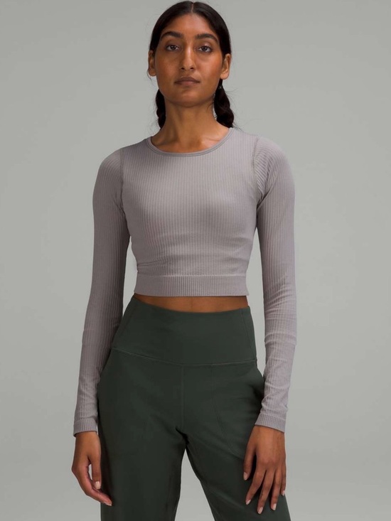 lululemon athletica Tops - Lululemon Ebb to Street Long Sleeve Top Size 6 Gull Gray Crop Ribbed Fitted Yoga